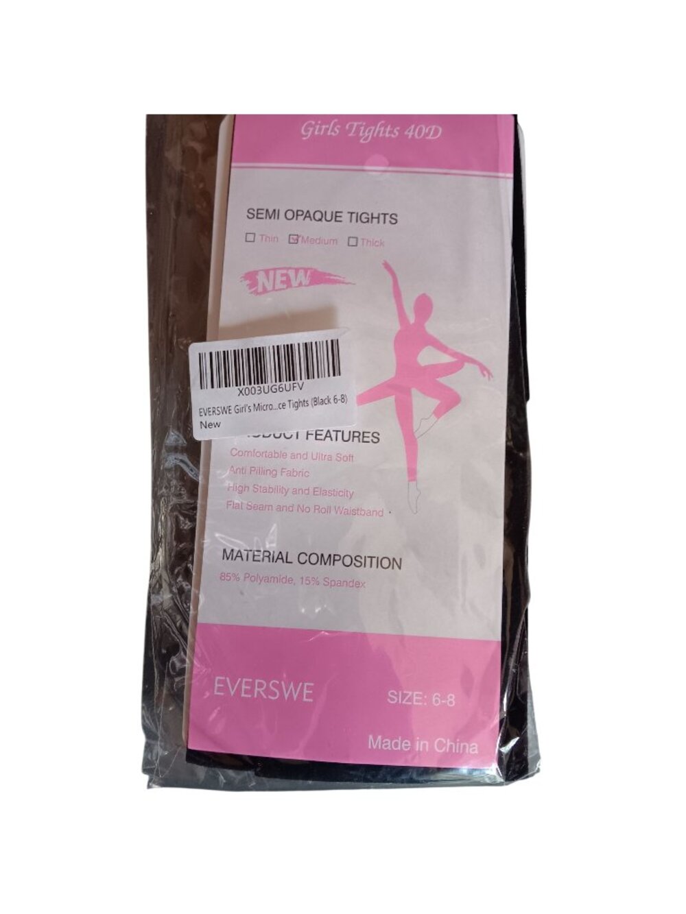 Microfiber Tights Black Size 6-8 New Everswe Girls Semi Opaque
